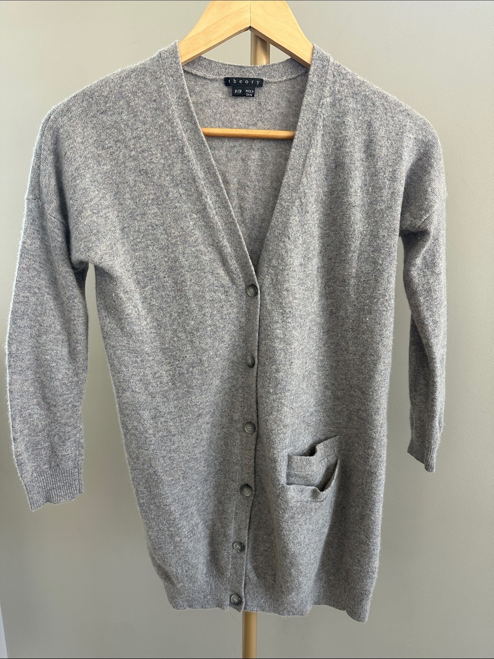 Theory Wool Cashmere Cardigan Petite XS Beige Grey Button Front
